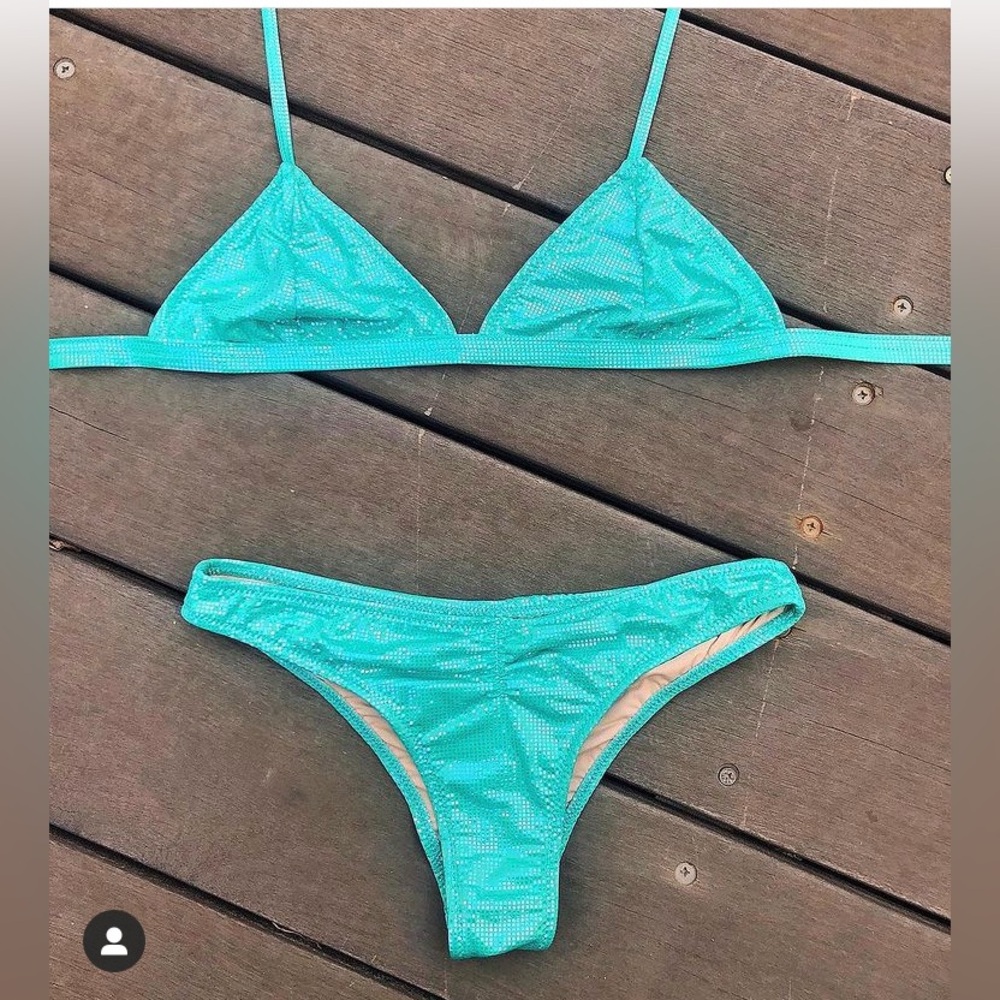Y2K Shimmer Bikini Set Women’s M Swimwear Brazilian Cheeky Ruched Aqua Mermaid